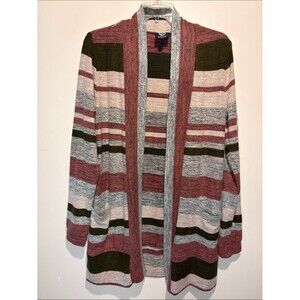 Bobeau Neutral Stripes Open Front Patch Pockets Long Sleeve Cardigan Size M